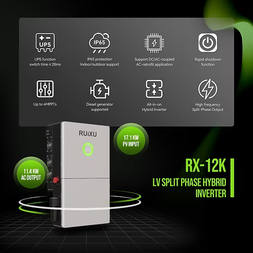 RUiXU RX-12K | PV: 90-550V | Battery: 40-60V | Output: 11.4kW | Split Phase Hybrid Inverter | UL1741 | UL9540