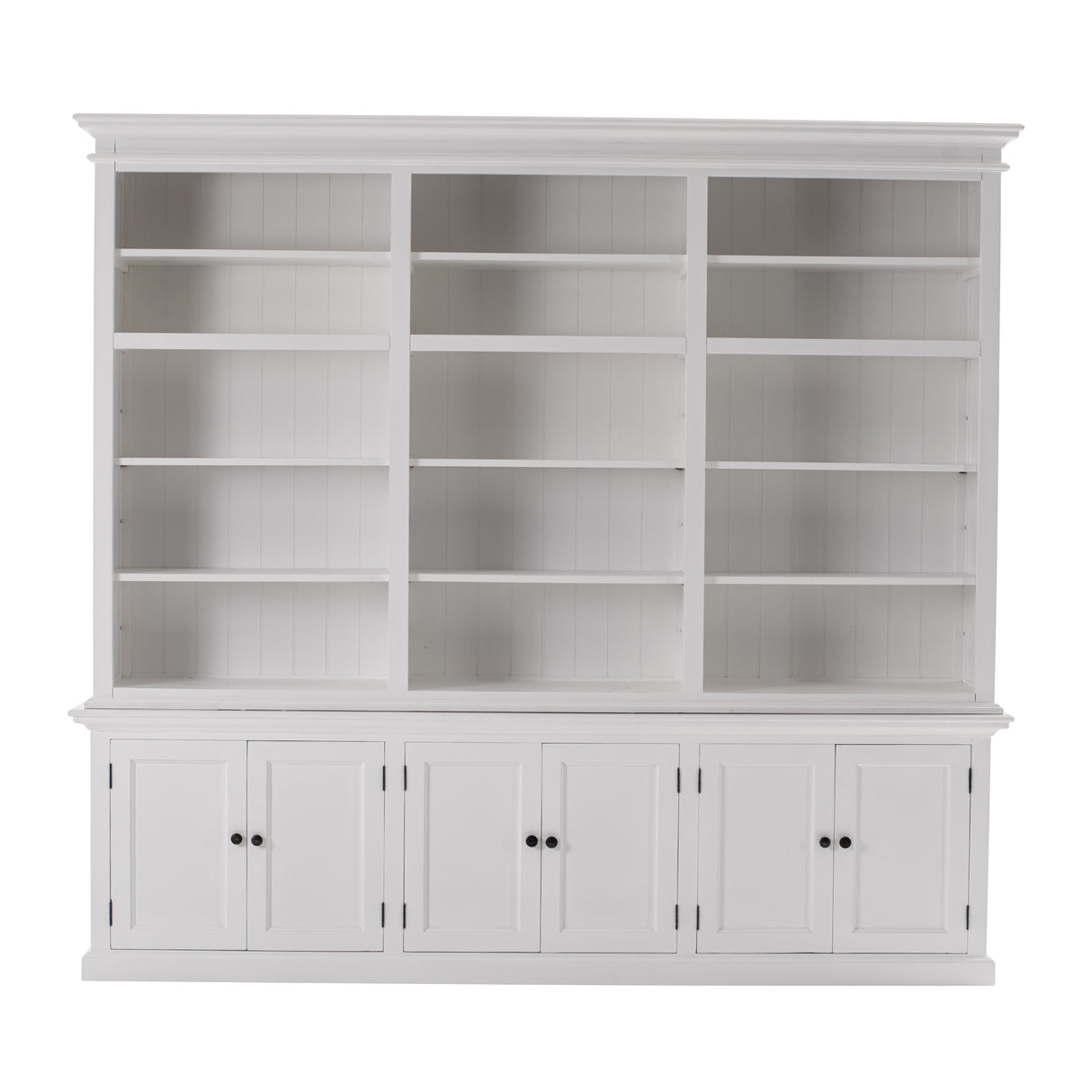 NovaSolo Halifax Triple-Bay Hutch Bookcase – Classic White Solid Mahogany Hutch Cabinet