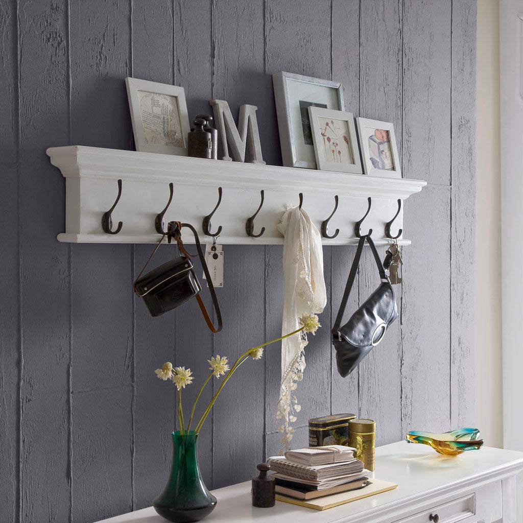 NovaSolo Halifax 8-Hook Wall Coat Rack with Shelf - Classic White