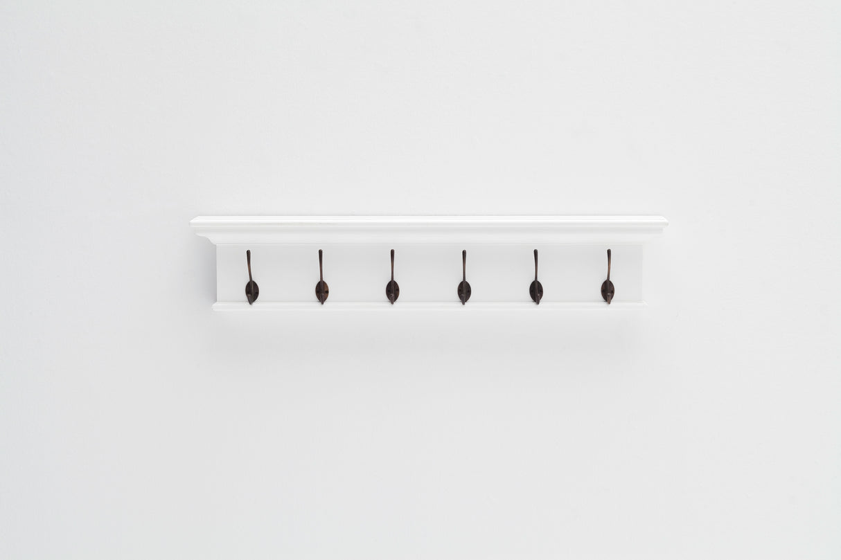 NovaSolo Halifax Wall Coat Rack with Shelf & 6 Brass Hooks - Classic White