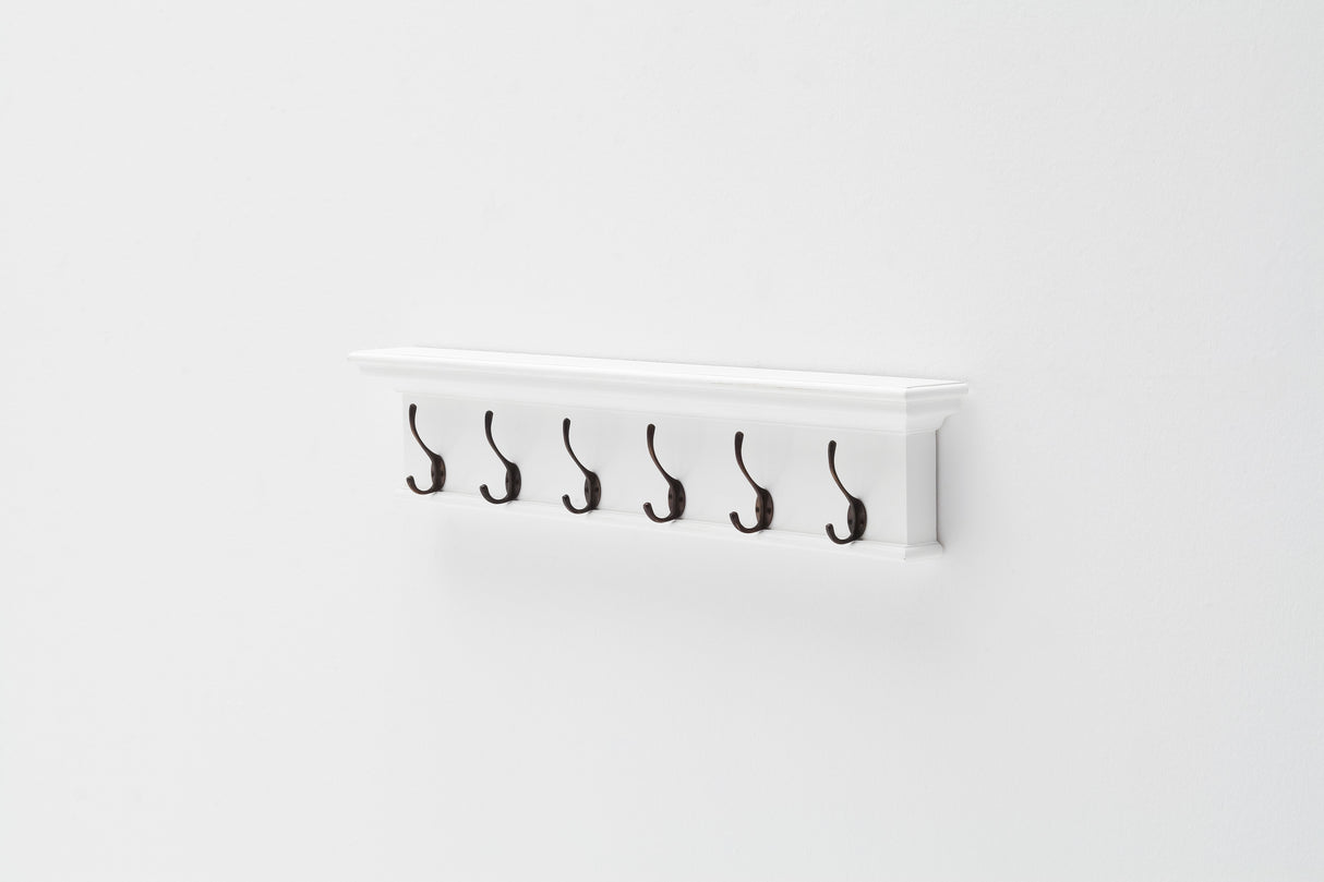NovaSolo Halifax Wall Coat Rack with Shelf & 6 Brass Hooks - Classic White