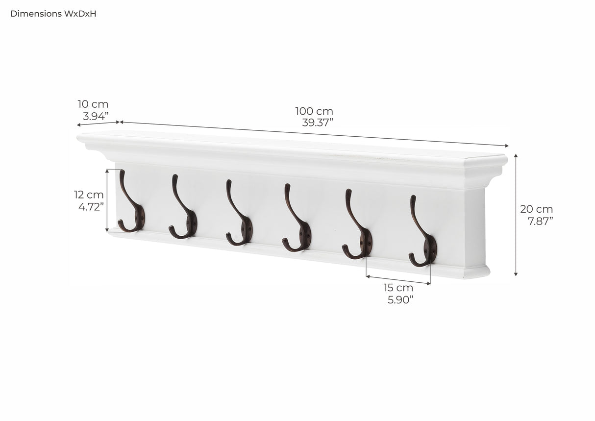 NovaSolo Halifax Wall Coat Rack with Shelf & 6 Brass Hooks - Classic White