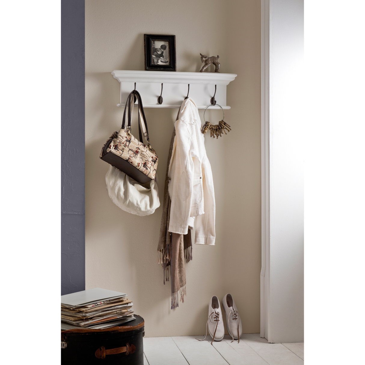 NovaSolo Halifax 4-Hook Coat Rack Wall Unit with Shelf – Classic White