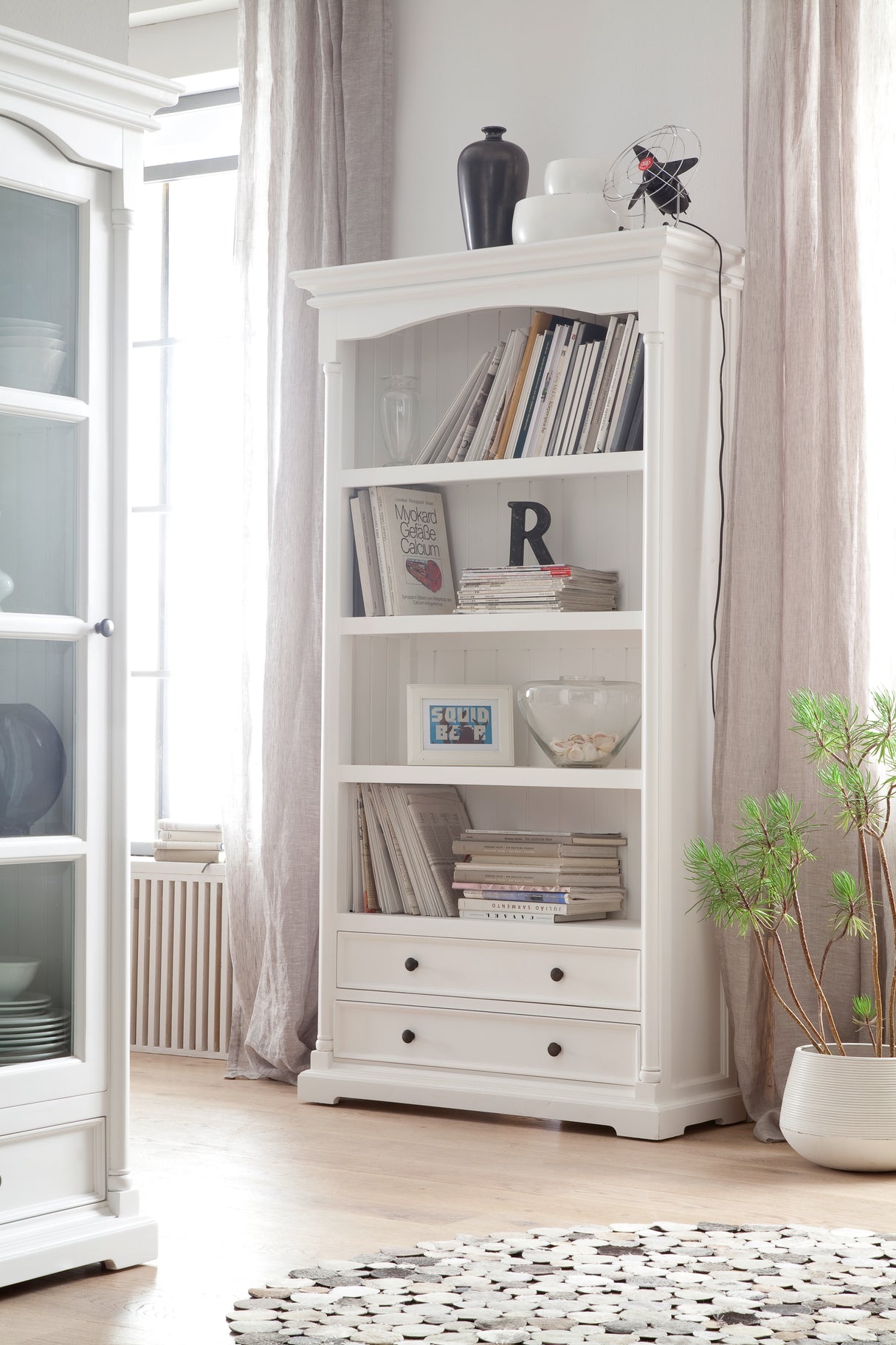 NovaSolo Provence Classic White Solid Mahogany Bookcase with Drawers