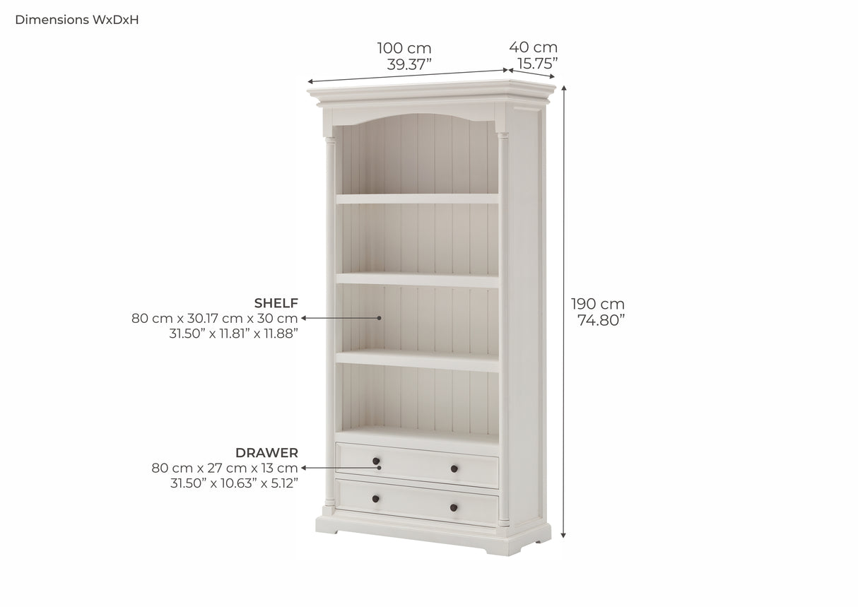 NovaSolo Provence Classic White Solid Mahogany Bookcase with Drawers